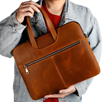 2026 New Arrival Men Retro Vintage Style Genuine Leather Durable Laptop Briefcase with Zipper Closure