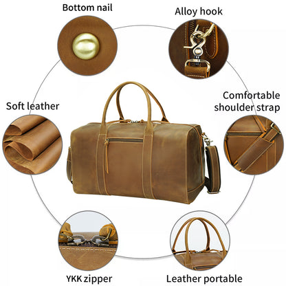 New Arrival Vintage Large Cow Skin Hide Top Layer Full Grain Genuine Leather Water Resistant Holdall Duffel Bag Zipper High