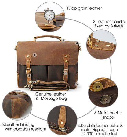Cowhide 14 Inch Laptop Messenger Sling Bag Men's Crazy Horse Genuine Leather Soft Business Vintage