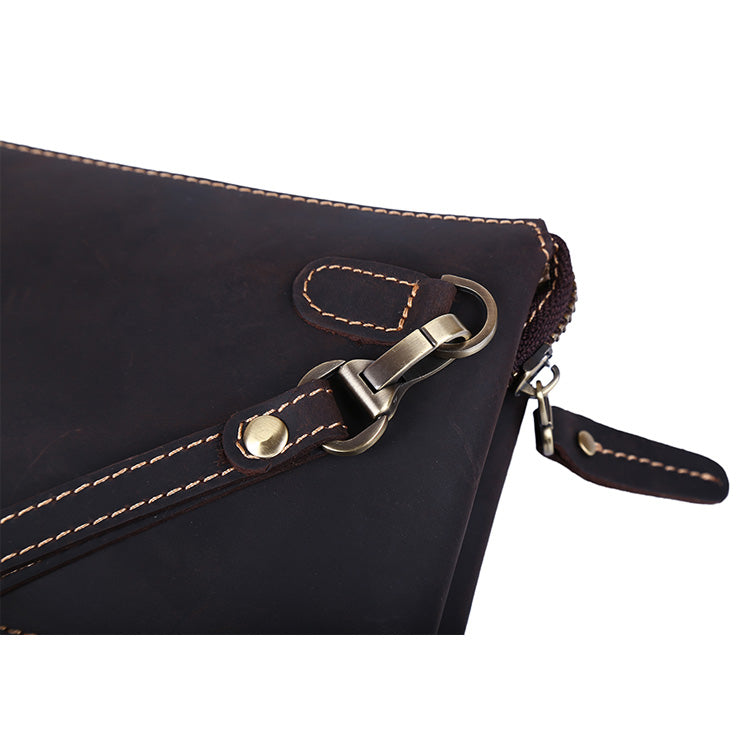 Men Personalized Full Grain Crazy Horse Large Clutch Bag Long Wrist Bag Zipper Anti-Theft