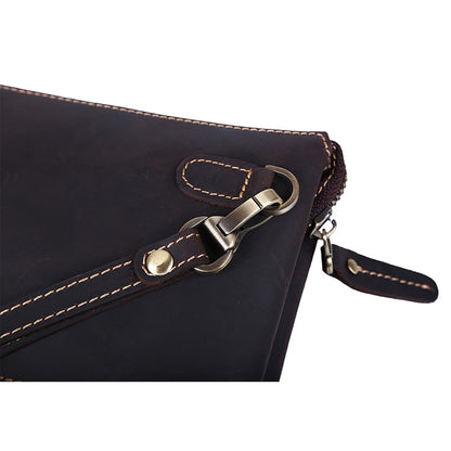Men Personalized Full Grain Crazy Horse Large Clutch Bag Long Wrist Bag Zipper Anti-Theft