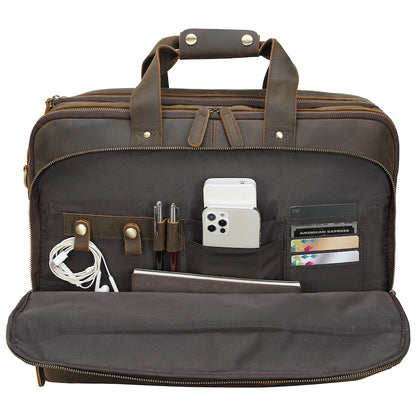 Factory Direct 17.3 Inch Vintage Crazy Horse Full Grain Genuine Leather Durable Zipper Closure Messenger Briefcase Bag Retro