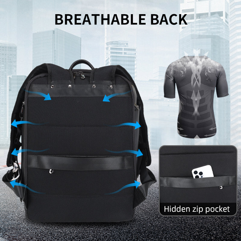 Nappa Genuine Leather Anti-Theft Laptop Backpack with USB Unisex Waterproof Black Polyester Zipper Travel