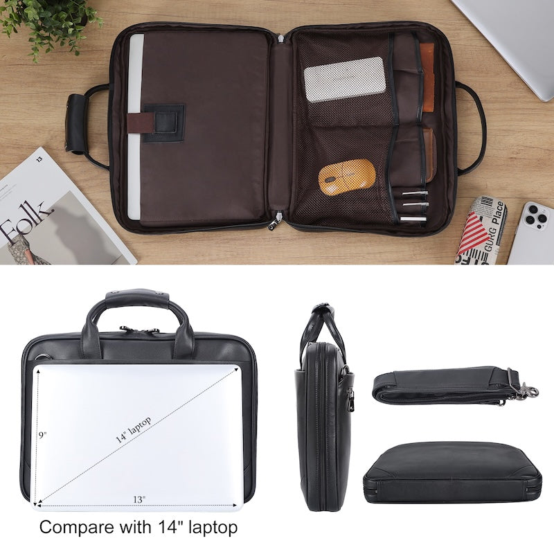 New Arrival Black Leather Office Briefcase Bags Men's Business 14'' Laptop Portfolio Bag Full Grain Leather Briefcase