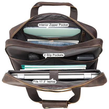 Wholesale 17-Inch Crazy Horse Genuine Leather Laptop Briefcase Men's Vintage Style Business Bag Dropshipping Soft Durable OEM