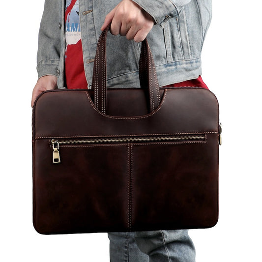 2026 New Arrival Men Retro Vintage Style Genuine Leather Durable Laptop Briefcase with Zipper Closure