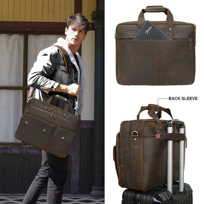 Factory Direct 17.3 Inch Vintage Crazy Horse Full Grain Genuine Leather Durable Zipper Closure Messenger Briefcase Bag Retro