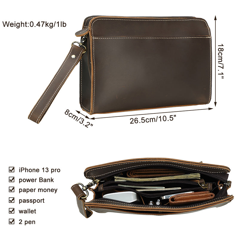 Vintage Style Handmade Men Genuine Leather Crazy Horse Brown Clutch Wallet with Zipper Closure