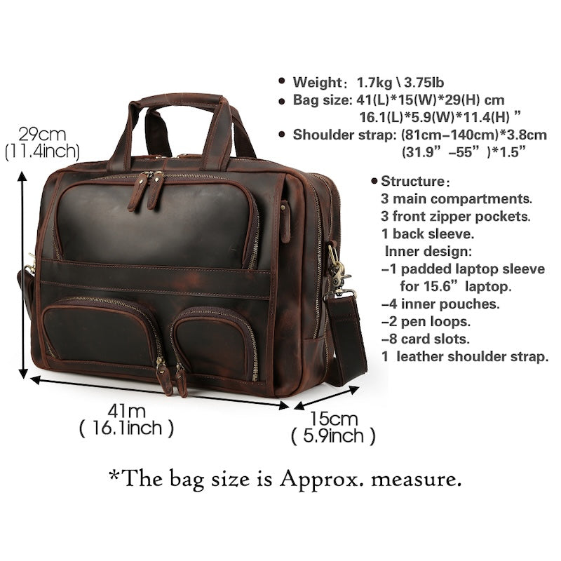 Vintage Style Genuine Crazy Horse Leather Briefcase Mens Brown Work Business Handbag 15.6 Inches Laptop Fit